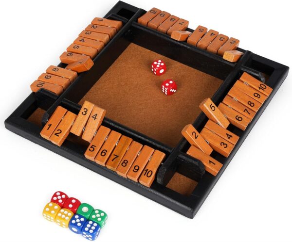 Shut The Box Dice Game, 1-4 Players Wooden Family Board Math Game with 12 Dice